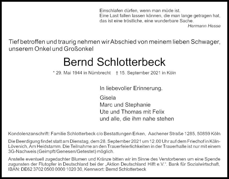  Traueranzeige für Bernd Schlotterbeck vom 25.09.2021 aus Kölner Stadt-Anzeiger / Kölnische Rundschau / Express