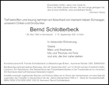 Anzeige von Bernd Schlotterbeck von Kölner Stadt-Anzeiger / Kölnische Rundschau / Express