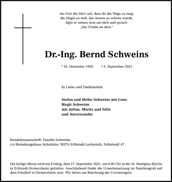 Anzeige von Bernd Schweins von Kölner Stadt-Anzeiger / Kölnische Rundschau / Express