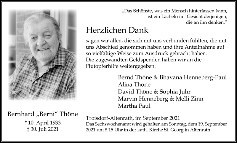  Traueranzeige für Bernhard Thöne vom 11.09.2021 aus Kölner Stadt-Anzeiger / Kölnische Rundschau / Express