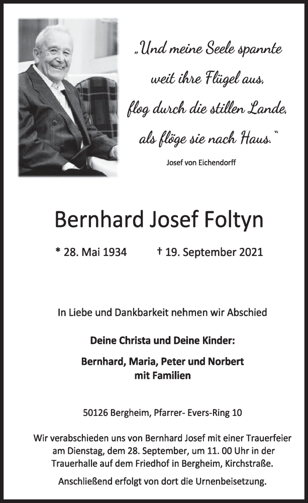  Traueranzeige für Bernhard Josef Foltyn vom 24.09.2021 aus  Werbepost 