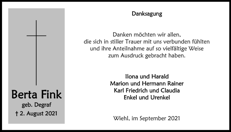  Traueranzeige für Berta Fink vom 10.09.2021 aus  Anzeigen Echo 