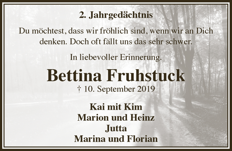 Traueranzeige für Bettina Fruhstuck vom 10.09.2021 aus  Anzeigen Echo 