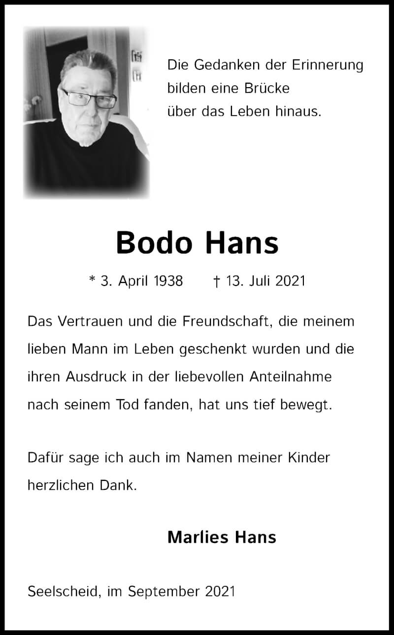  Traueranzeige für Bodo Hans vom 18.09.2021 aus Kölner Stadt-Anzeiger / Kölnische Rundschau / Express