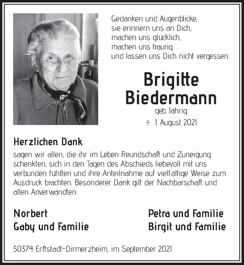  Traueranzeige für Brigitte Biedermann vom 24.09.2021 aus  Werbepost 