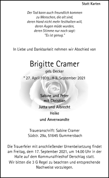 Anzeige von Brigitte Cramer von  Anzeigen Echo 