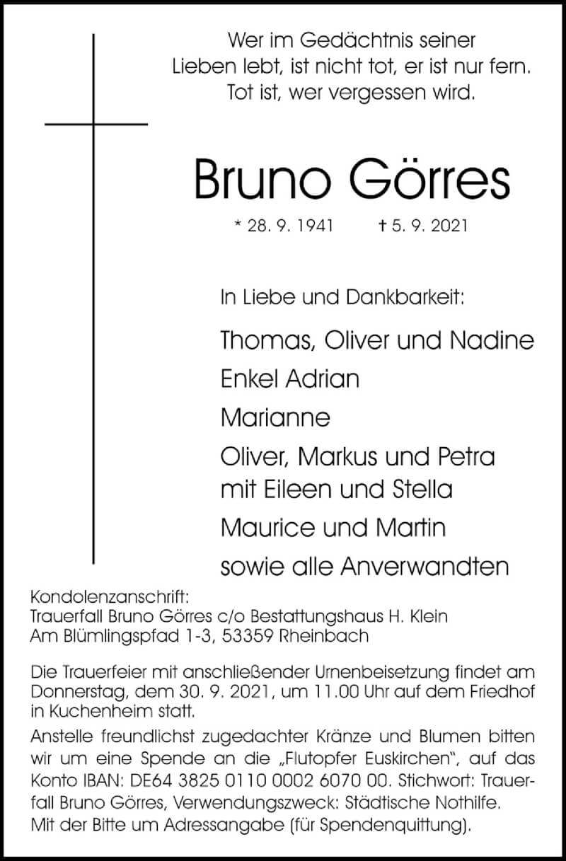 Traueranzeige für Bruno Görres vom 25.09.2021 aus  Schaufenster/Blickpunkt 