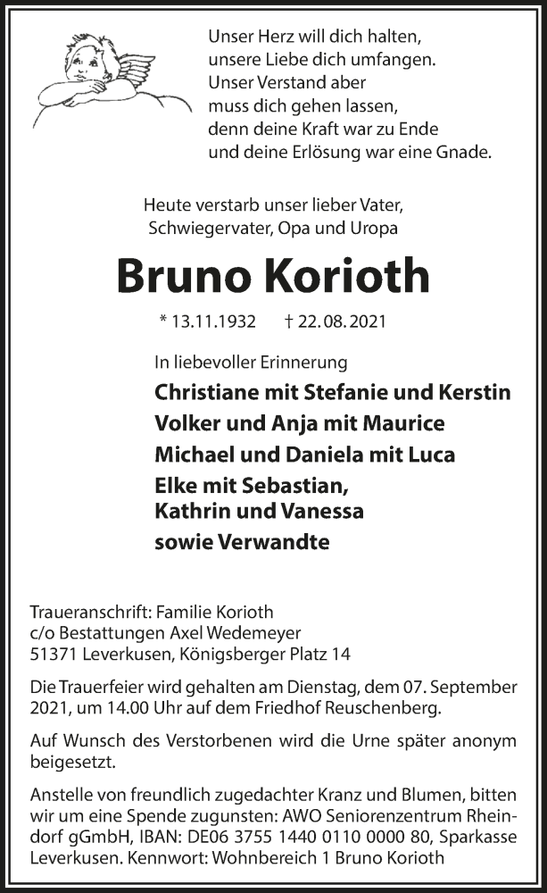  Traueranzeige für Bruno Korioth vom 03.09.2021 aus  Lokale Informationen 