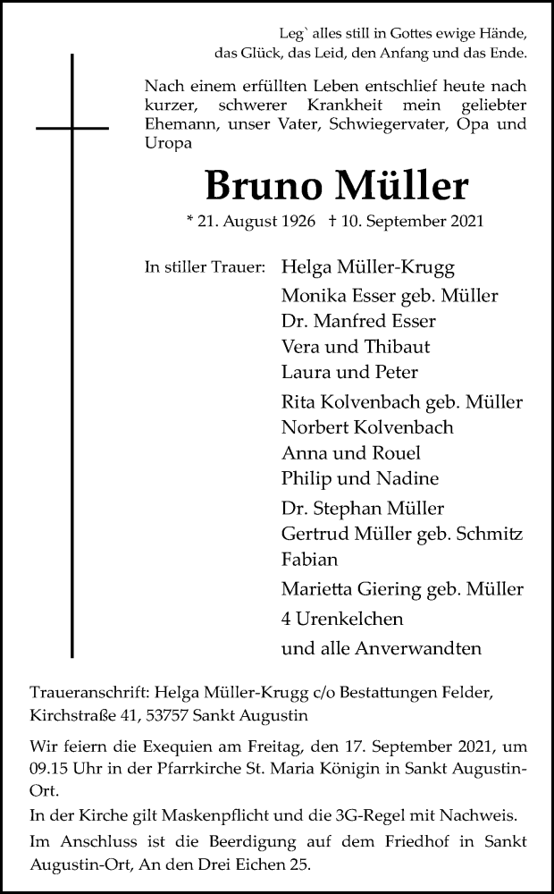  Traueranzeige für Bruno Müller vom 15.09.2021 aus Kölner Stadt-Anzeiger / Kölnische Rundschau / Express