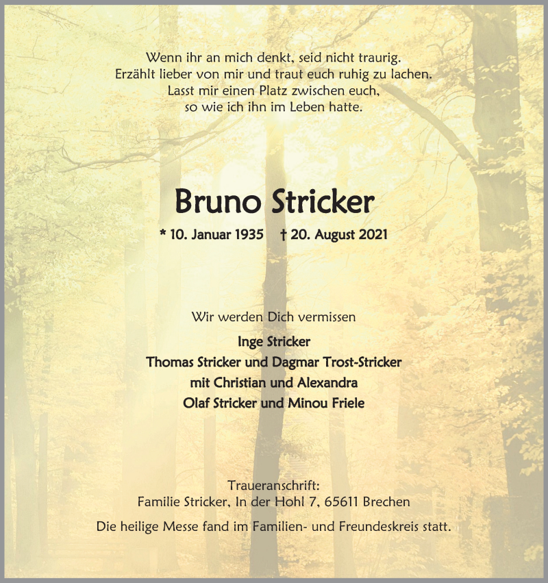  Traueranzeige für Bruno Stricker vom 04.09.2021 aus Kölner Stadt-Anzeiger / Kölnische Rundschau / Express
