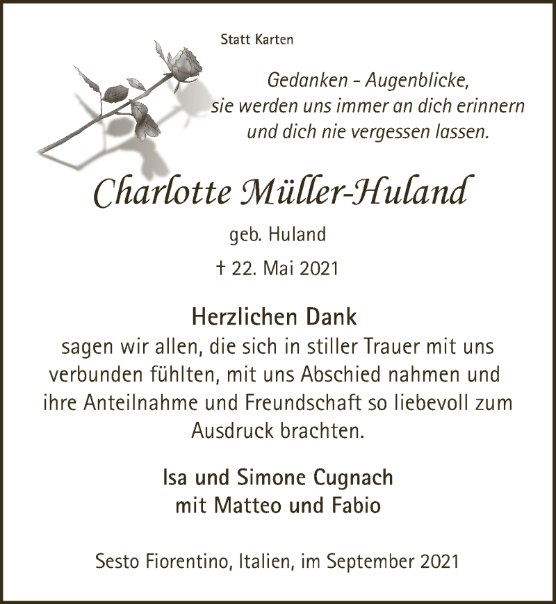  Traueranzeige für Charlotte Müller-Huland vom 03.09.2021 aus  Anzeigen Echo 