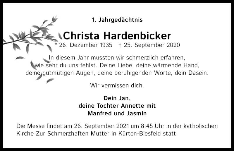  Traueranzeige für Christa Hardenbicker vom 25.09.2021 aus Kölner Stadt-Anzeiger / Kölnische Rundschau / Express