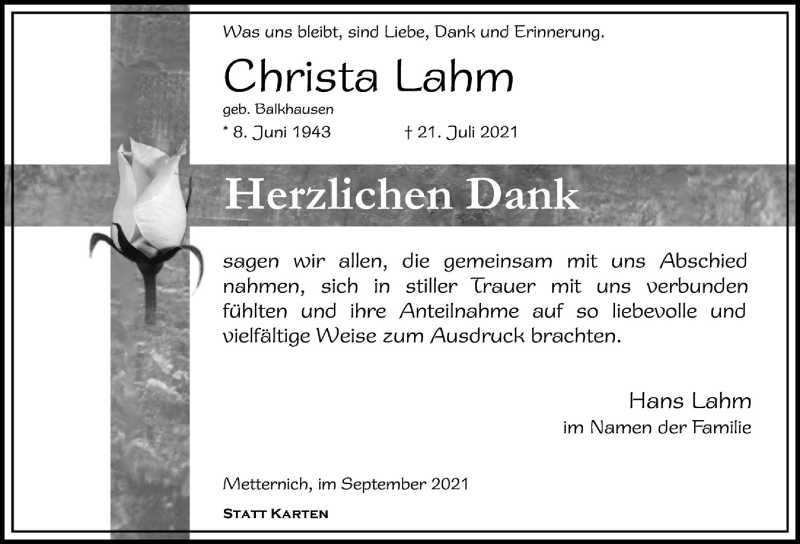  Traueranzeige für Christa Lahm vom 11.09.2021 aus  Blickpunkt Euskirchen 
