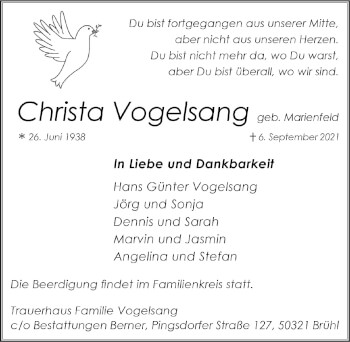 Anzeige von Christa Vogelsang von  Schlossbote/Werbekurier 
