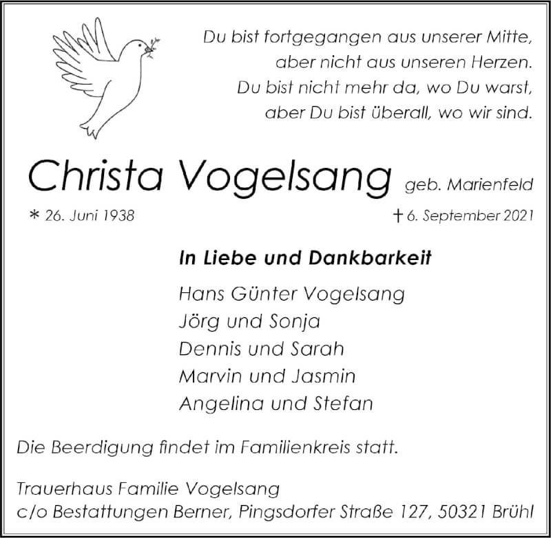  Traueranzeige für Christa Vogelsang vom 17.09.2021 aus  Schlossbote/Werbekurier 
