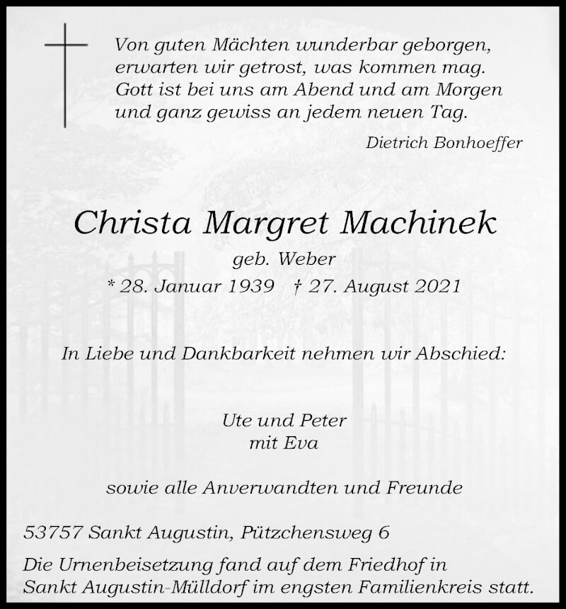 Traueranzeige für Christa Margret Machinek vom 18.09.2021 aus Kölner Stadt-Anzeiger / Kölnische Rundschau / Express