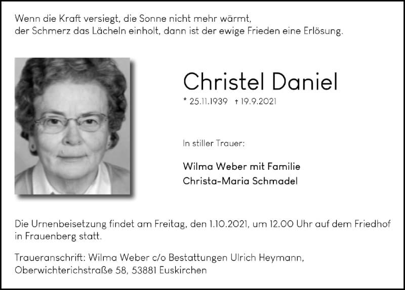  Traueranzeige für Christel Daniel vom 25.09.2021 aus  Blickpunkt Euskirchen 