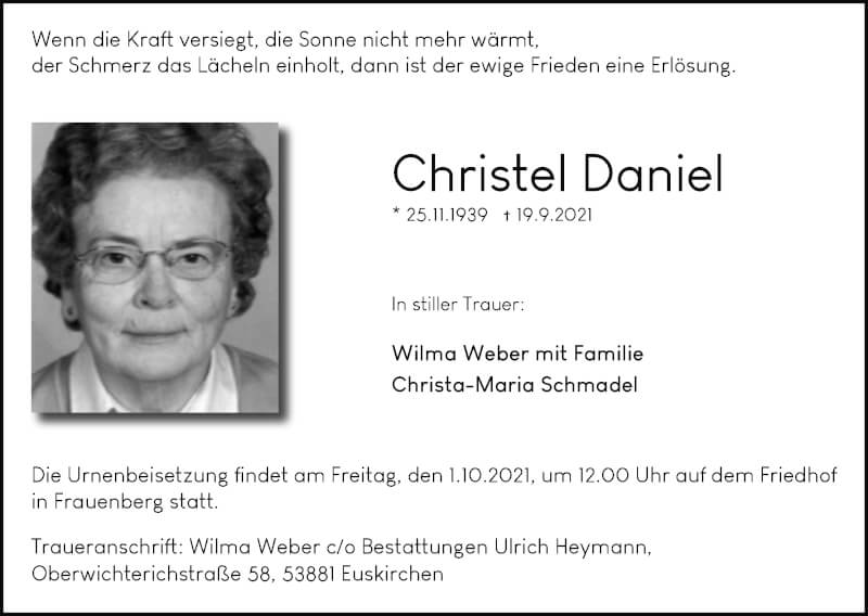  Traueranzeige für Christel Daniel vom 25.09.2021 aus Kölner Stadt-Anzeiger / Kölnische Rundschau / Express