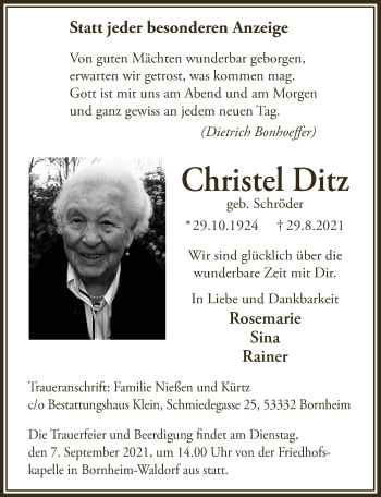 Anzeige von Christel Ditz von  Schaufenster/Blickpunkt 