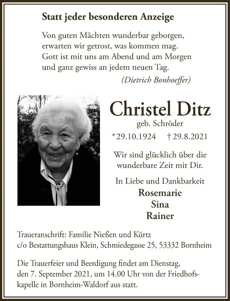  Traueranzeige für Christel Ditz vom 03.09.2021 aus  Schaufenster/Blickpunkt 