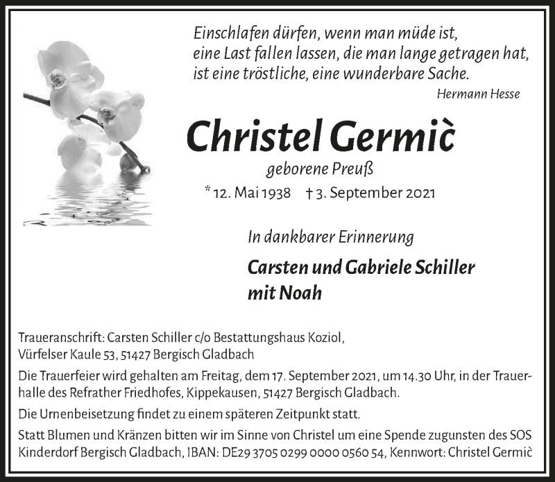  Traueranzeige für Christel Germic vom 10.09.2021 aus  Bergisches Handelsblatt 