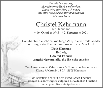 Anzeige von Christel Kehrmann von Kölner Stadt-Anzeiger / Kölnische Rundschau / Express