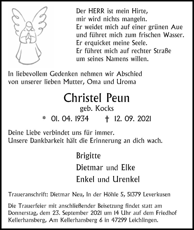 Traueranzeige für Christel Peun vom 18.09.2021 aus Kölner Stadt-Anzeiger / Kölnische Rundschau / Express