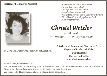 Anzeige von Christel Wetzler von  Bergisches Handelsblatt 