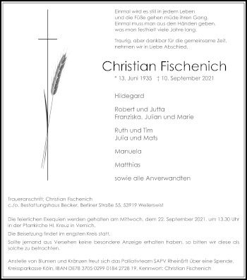 Anzeige von Christian Fischenich von Kölner Stadt-Anzeiger / Kölnische Rundschau / Express