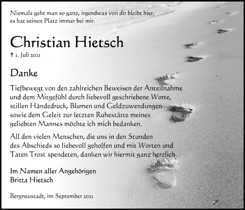  Traueranzeige für Christian Hietsch vom 03.09.2021 aus  Anzeigen Echo 