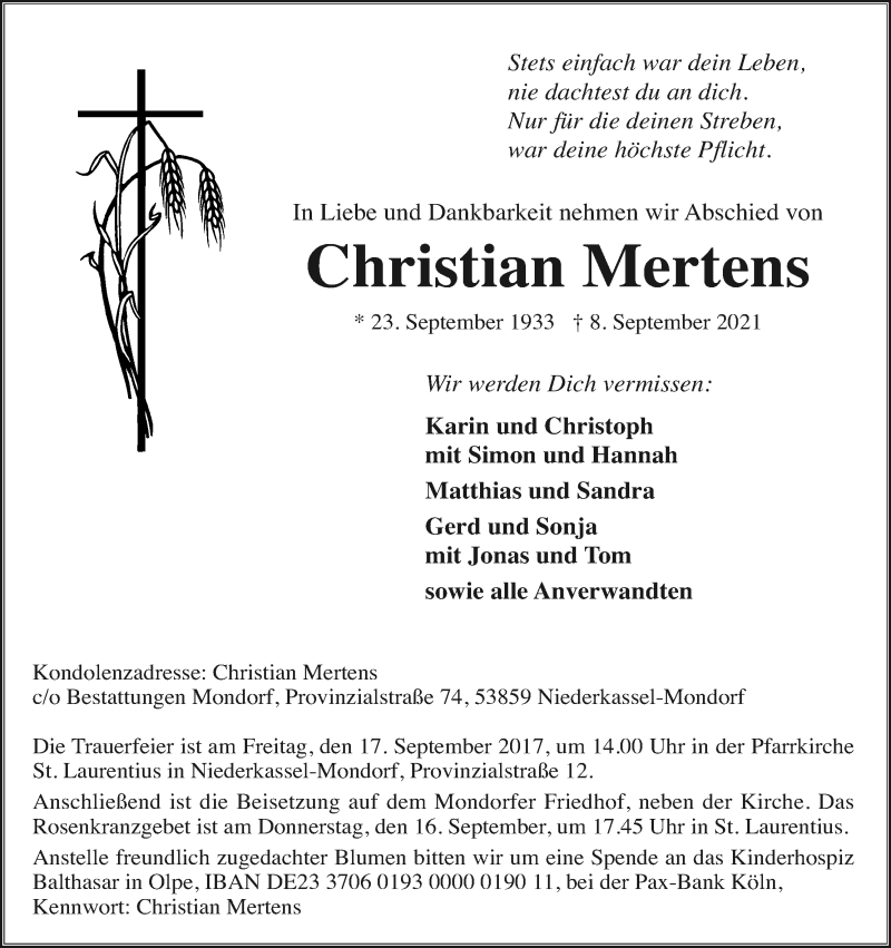  Traueranzeige für Christian Mertens vom 11.09.2021 aus Kölner Stadt-Anzeiger / Kölnische Rundschau / Express