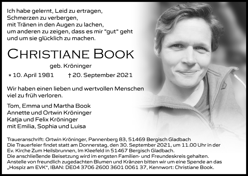  Traueranzeige für Christiane Book vom 27.09.2021 aus Kölner Stadt-Anzeiger / Kölnische Rundschau / Express