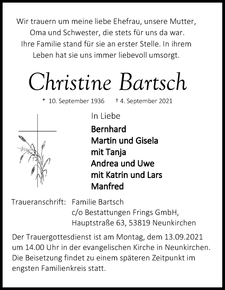  Traueranzeige für Christine Bartsch vom 10.09.2021 aus Kölner Stadt-Anzeiger / Kölnische Rundschau / Express