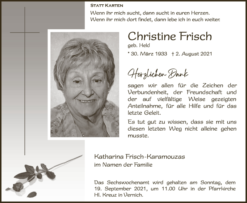  Traueranzeige für Christine Frisch vom 04.09.2021 aus  Blickpunkt Euskirchen 