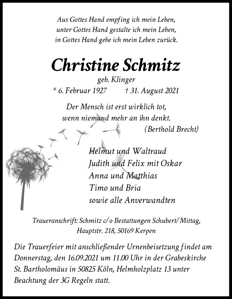  Traueranzeige für Christine Schmitz vom 11.09.2021 aus Kölner Stadt-Anzeiger / Kölnische Rundschau / Express