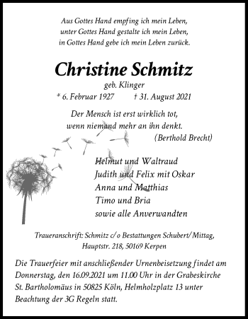 Anzeige von Christine Schmitz von Kölner Stadt-Anzeiger / Kölnische Rundschau / Express