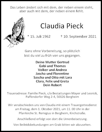 Anzeige von Claudia Pieck von Kölner Stadt-Anzeiger / Kölnische Rundschau / Express