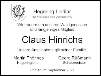 Anzeige von Claus Hinrichs von Kölner Stadt-Anzeiger / Kölnische Rundschau / Express