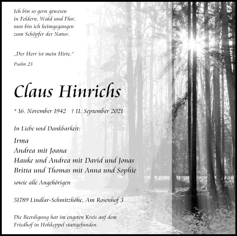  Traueranzeige für Claus Hinrichs vom 18.09.2021 aus Kölner Stadt-Anzeiger / Kölnische Rundschau / Express