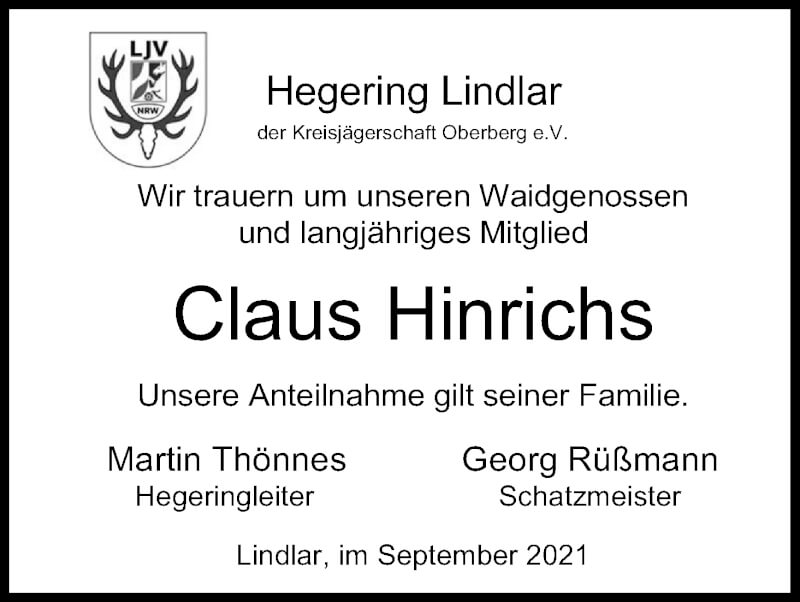  Traueranzeige für Claus Hinrichs vom 18.09.2021 aus Kölner Stadt-Anzeiger / Kölnische Rundschau / Express