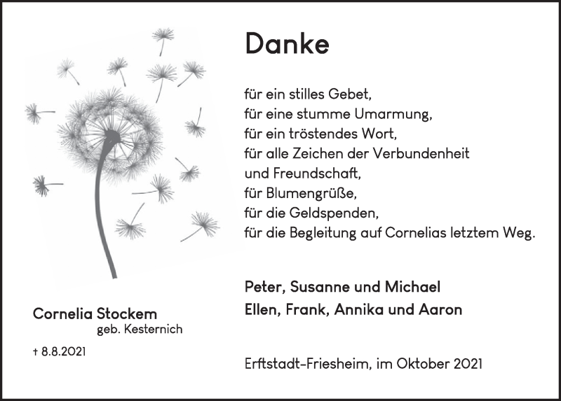  Traueranzeige für Cornelia Stockem vom 01.10.2021 aus  Werbepost 