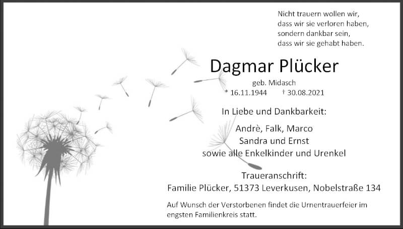  Traueranzeige für Dagmar Plücker vom 18.09.2021 aus Kölner Stadt-Anzeiger / Kölnische Rundschau / Express