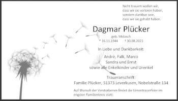 Anzeige von Dagmar Plücker von Kölner Stadt-Anzeiger / Kölnische Rundschau / Express