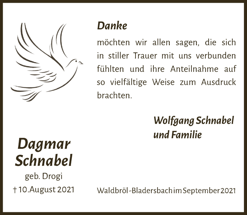  Traueranzeige für Dagmar Schnabel vom 24.09.2021 aus  Lokalanzeiger 