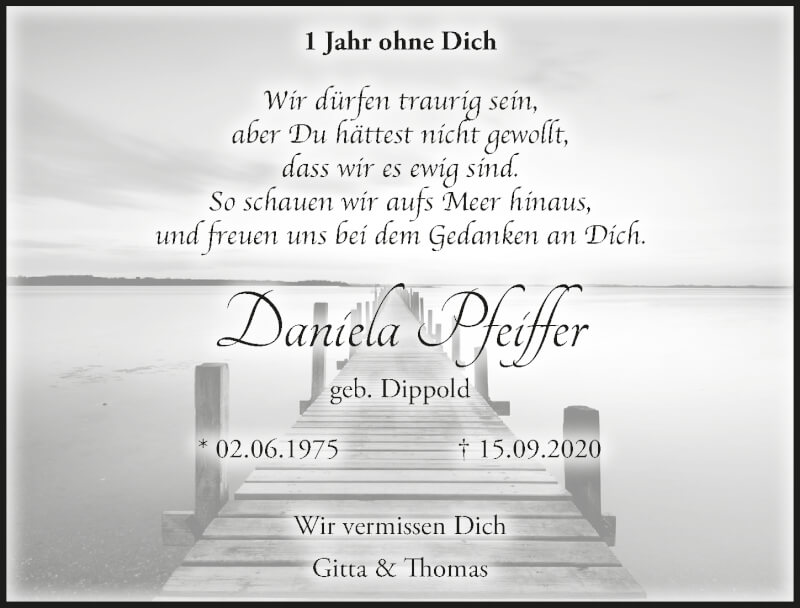  Traueranzeige für Daniela Pfeiffer vom 17.09.2021 aus  Lokalanzeiger 
