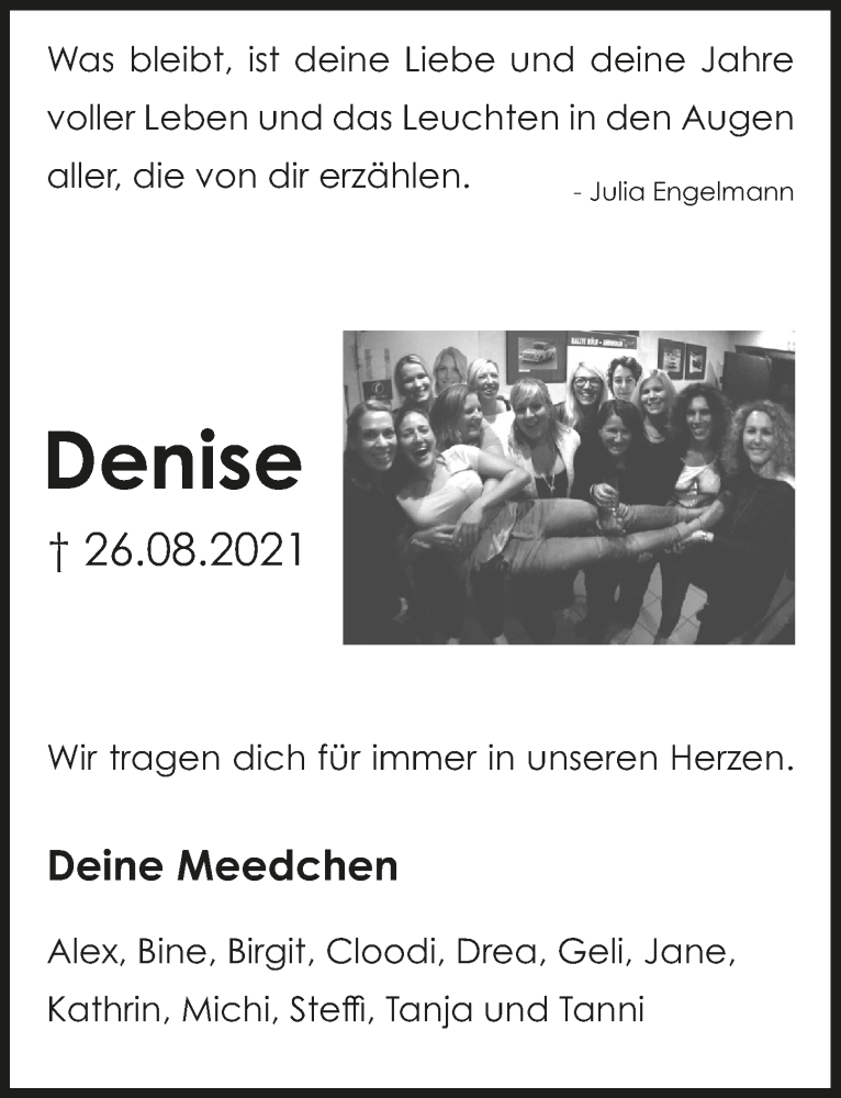 Traueranzeige für Denise Savaser vom 03.09.2021 aus  Schlossbote/Werbekurier 
