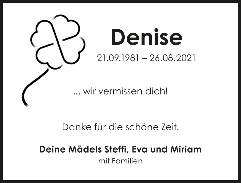  Traueranzeige für Denise Savaser vom 03.09.2021 aus  Schlossbote/Werbekurier 