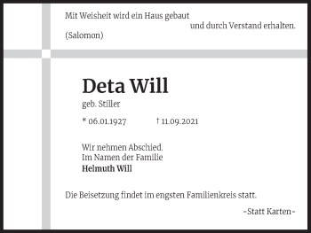 Anzeige von Deta Will von Kölner Stadt-Anzeiger / Kölnische Rundschau / Express