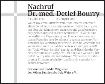 Anzeige von Detlef Bourry von Kölner Stadt-Anzeiger / Kölnische Rundschau / Express