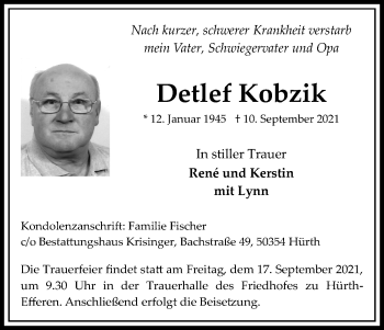 Anzeige von Detlef Kobzik von Kölner Stadt-Anzeiger / Kölnische Rundschau / Express